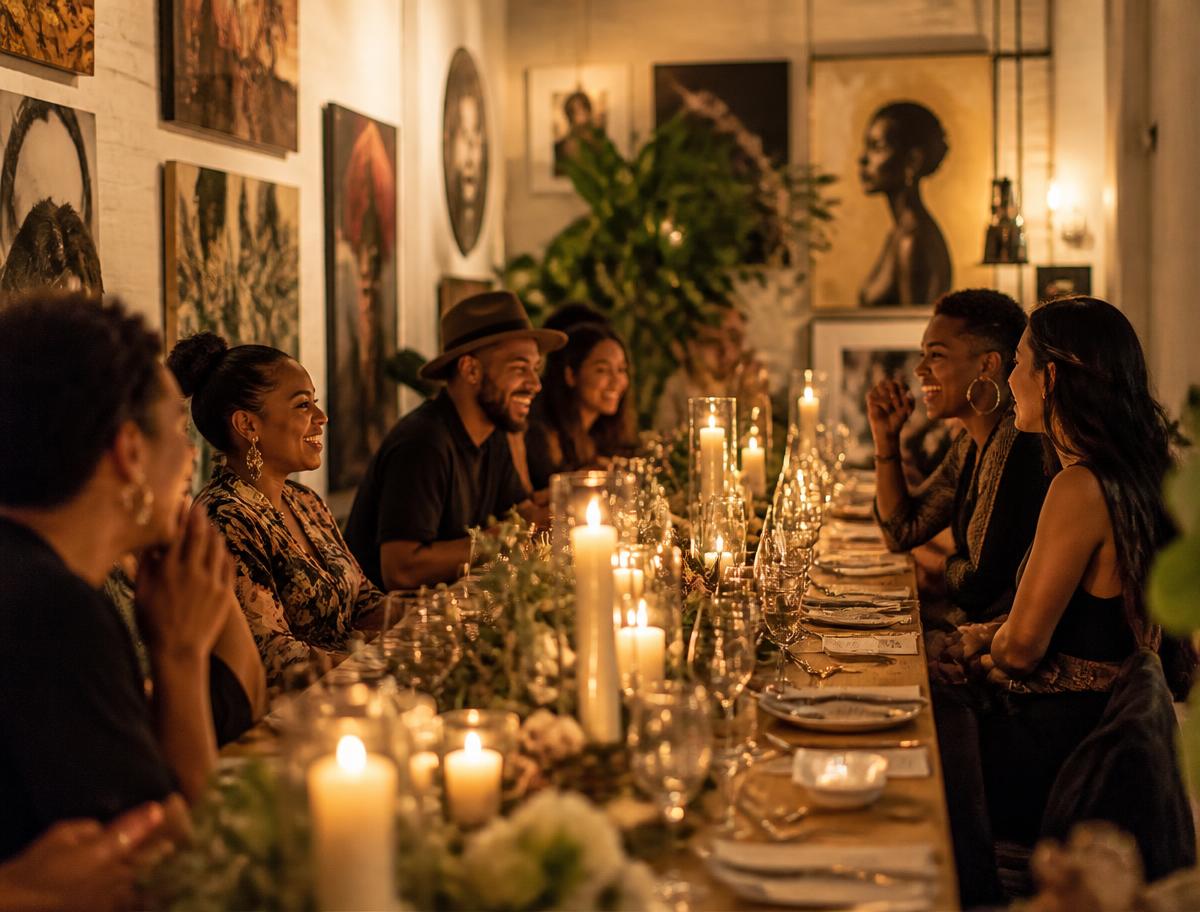 Friends celebrating at a long candlelit table surrounded by artwork