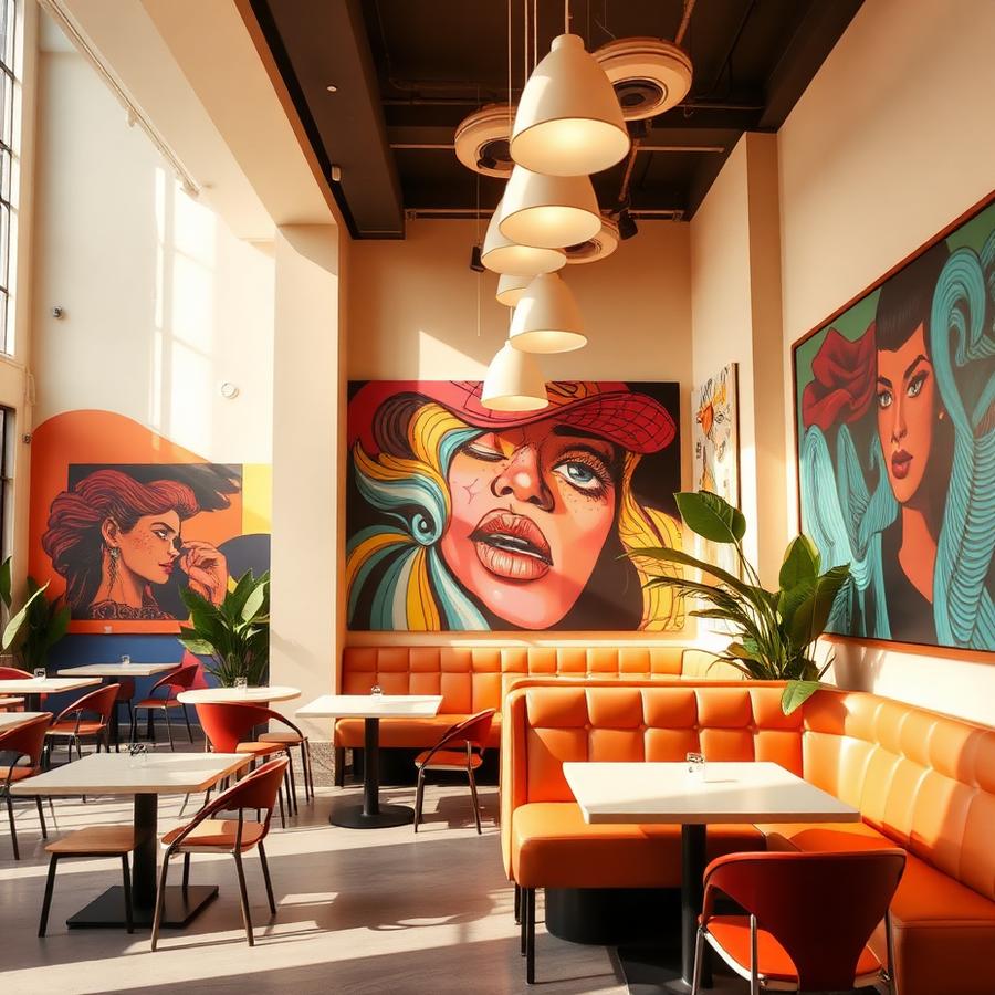 Art cafe interior with bold murals and warm daylight