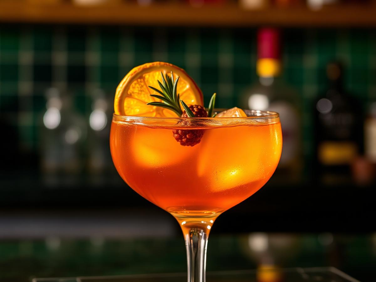 Seasonal smoked amber cocktail garnished with citrus and rosemary